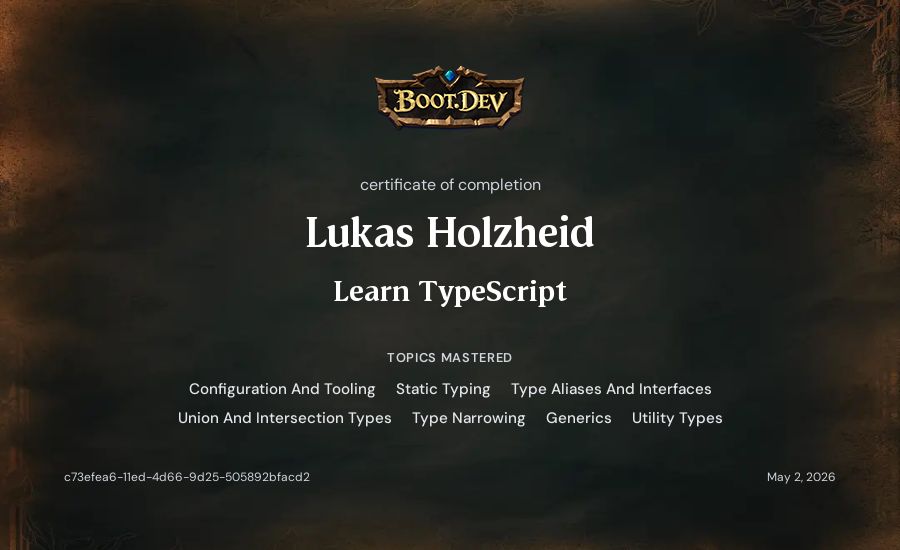Lukas Holzheid's Boot.dev Learn TypeScript certificate