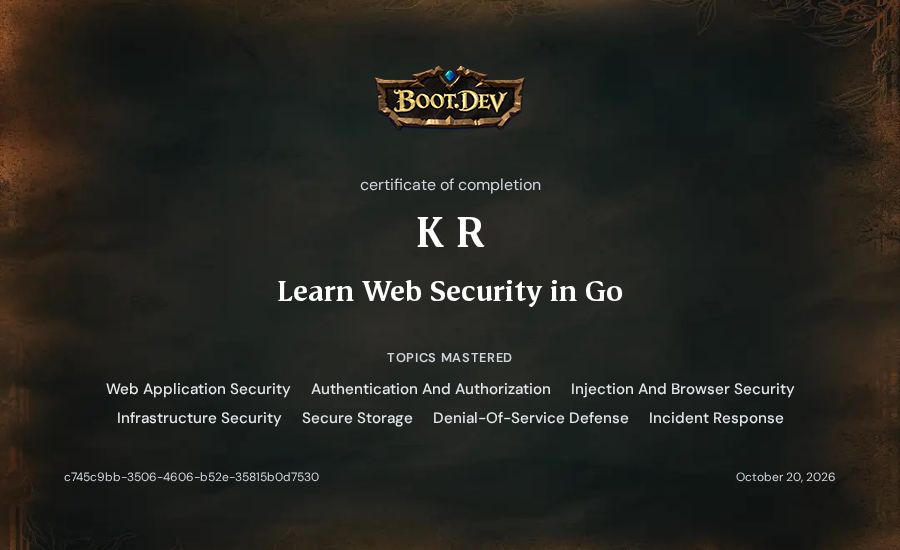 K R's Boot.dev Learn Web Security in Go certificate