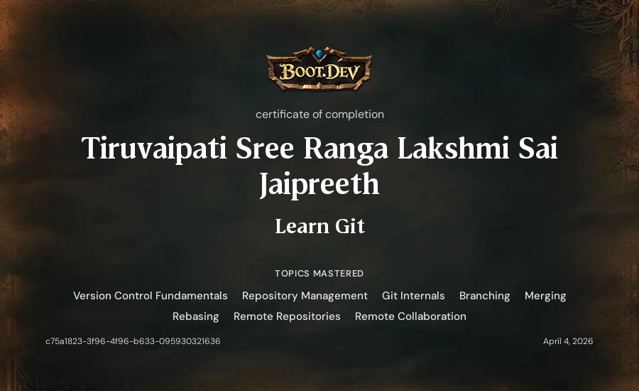 Tiruvaipati Sree Ranga Lakshmi Sai Jaipreeth's Boot.dev Learn Git certificate