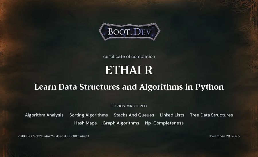 Ethai Reubinoff's Boot.dev Learn Data Structures and Algorithms in Python certificate