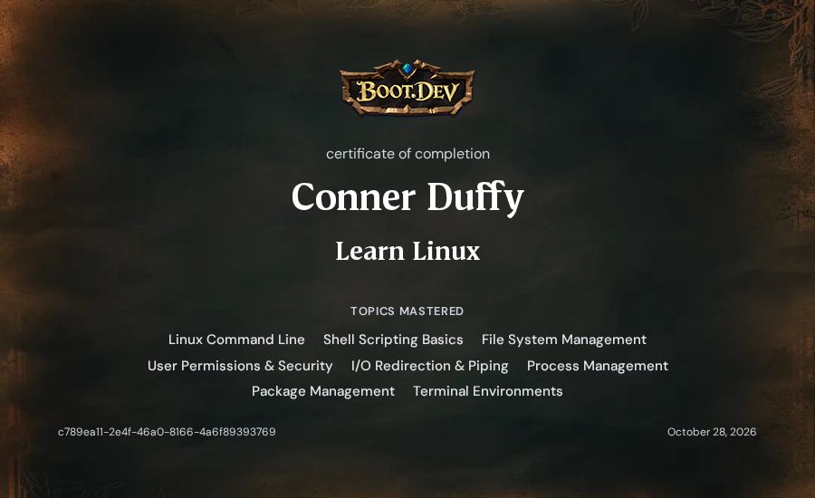 Conner Duffy's Boot.dev Learn Linux certificate