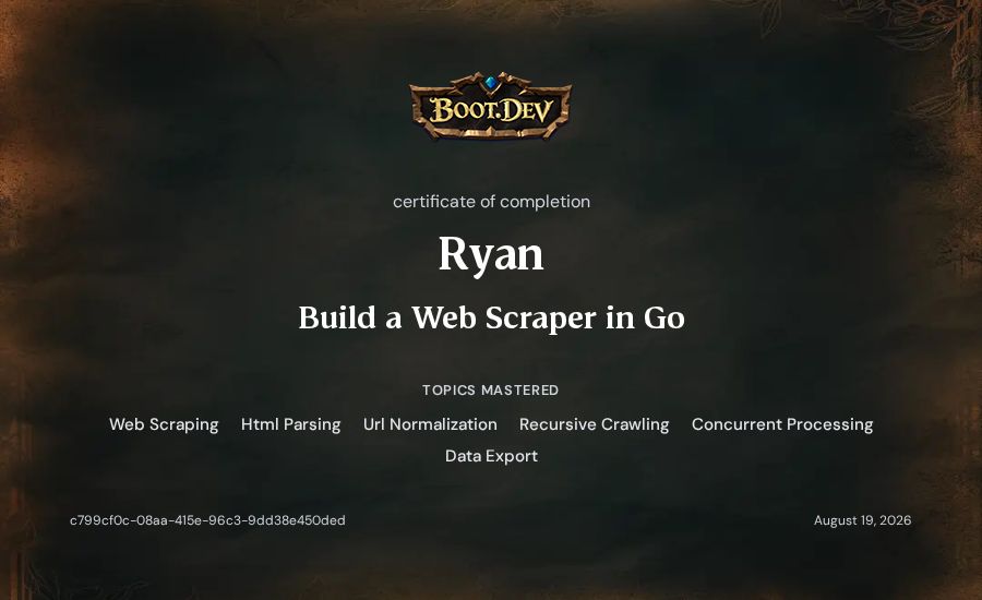 Ryan's Boot.dev Build a Web Scraper in Go certificate