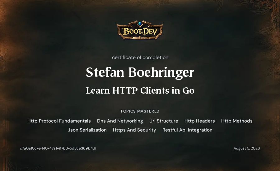 Stefan Boehringer's Boot.dev Learn HTTP Clients in Go certificate