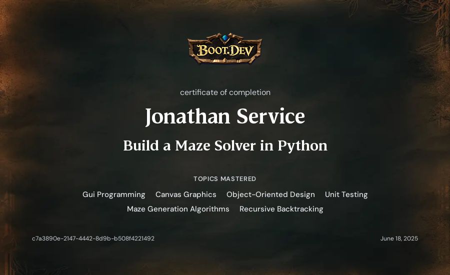 Jonathan Service's Boot.dev Build a Maze Solver in Python certificate