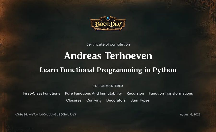 Andreas Terhoeven's Boot.dev Learn Functional Programming in Python certificate