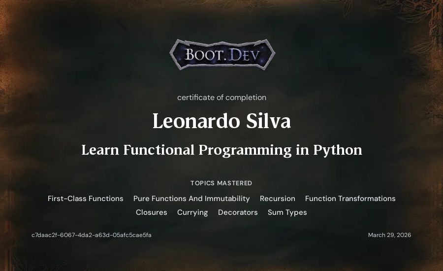 Leonardo Silva's Boot.dev Learn Functional Programming in Python certificate