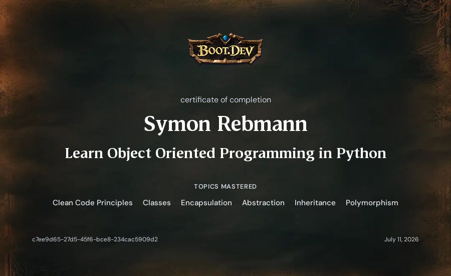 Symon Rebmann's Boot.dev Learn Object Oriented Programming in Python certificate