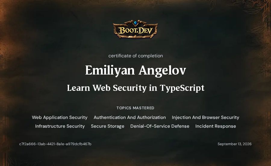 Emiliyan Angelov's Boot.dev Learn Web Security in TypeScript certificate