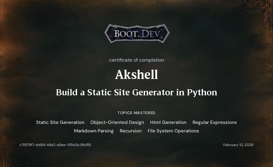 Akshell's Boot.dev Build a Static Site Generator in Python certificate