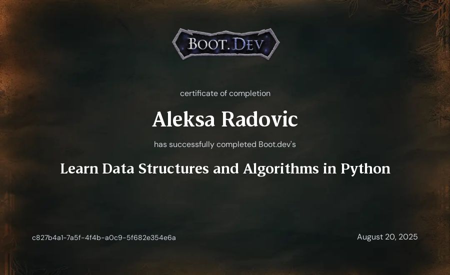 Aleksa Radovic's Boot.dev Learn Data Structures and Algorithms in Python certificate