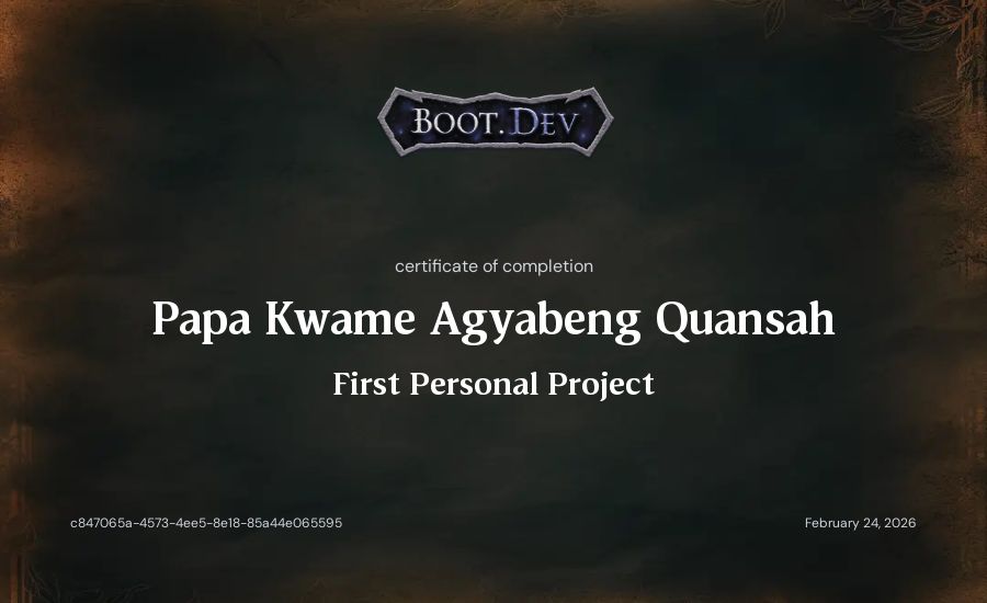 Papa Kwame Agyabeng Quansah's Boot.dev First Personal Project certificate