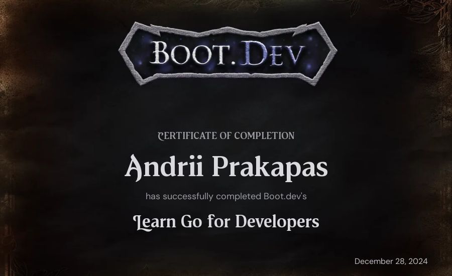 Andrii Prakapas's Boot.dev Learn Go certificate