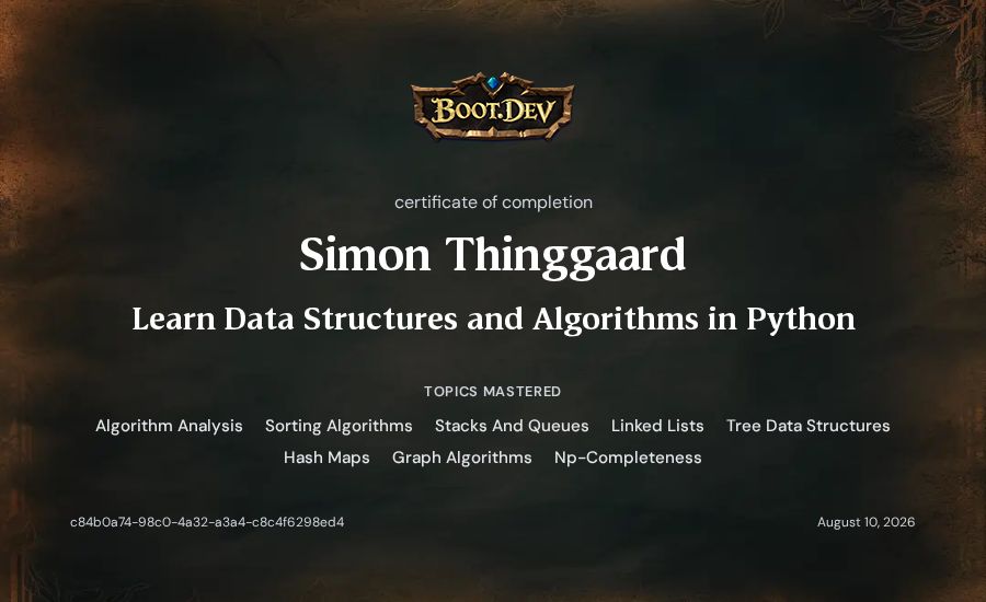 Simon Thinggaard's Boot.dev Learn Data Structures and Algorithms in Python certificate
