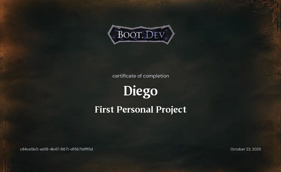 Diego's Boot.dev First Personal Project certificate