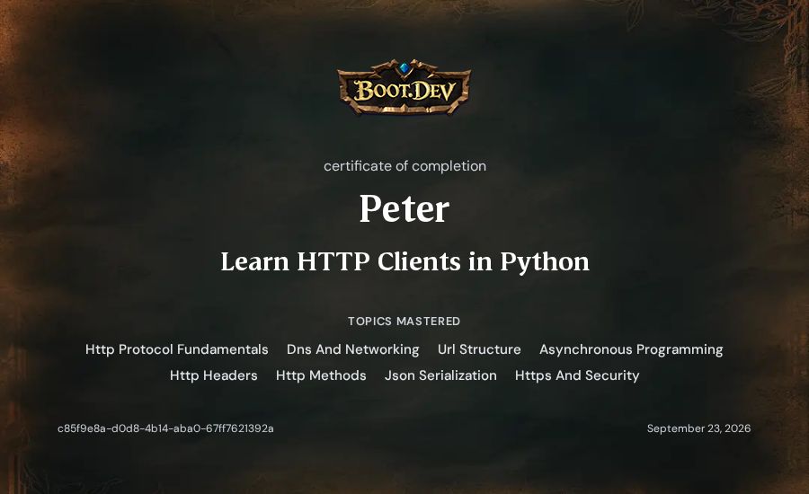 Peter's Boot.dev Learn HTTP Clients in Python certificate