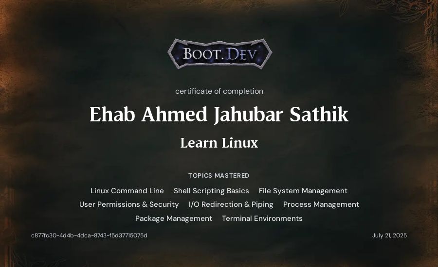 Ehab Ahmed Jahubar Sathik's Boot.dev Learn Linux certificate