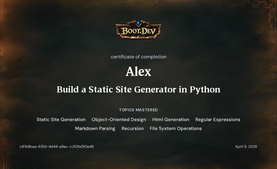 Alex's Boot.dev Build a Static Site Generator in Python certificate