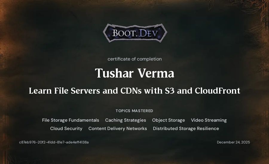 Tushar Verma's Boot.dev Learn File Servers and CDNs with S3 and CloudFront certificate