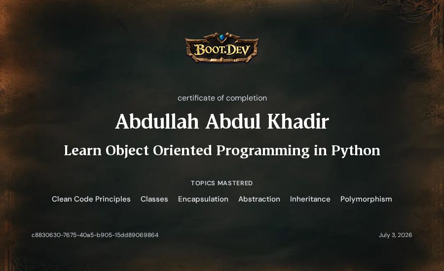 Abdullah Abdul Khadir's Boot.dev Learn Object Oriented Programming in Python certificate