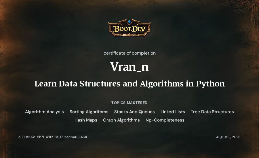 Vran_n's Boot.dev Learn Data Structures and Algorithms in Python certificate
