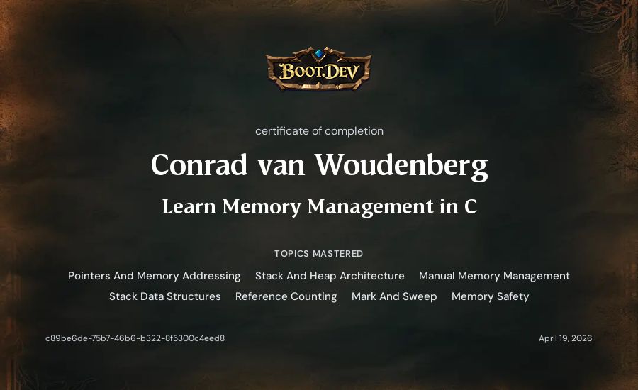 Conrad van Woudenberg's Boot.dev Learn Memory Management in C certificate
