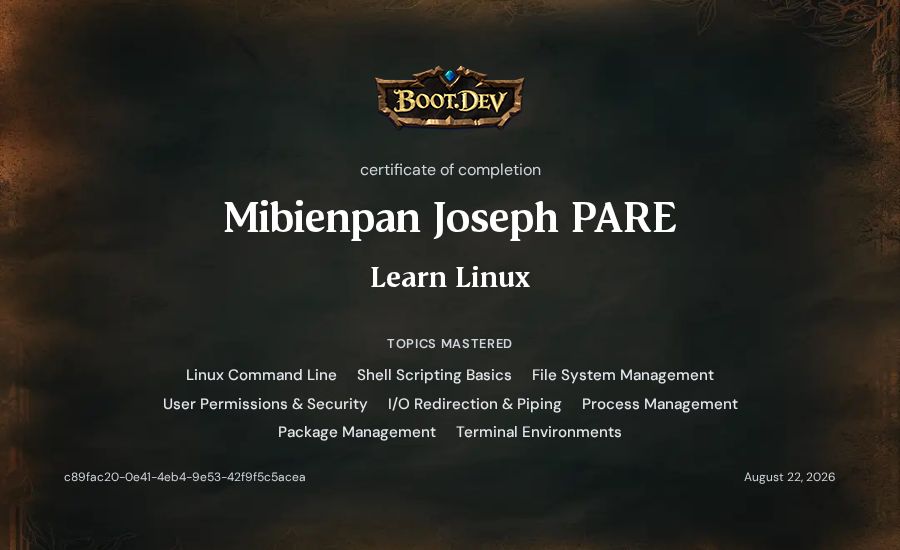 Mibienpan Joseph PARE's Boot.dev Learn Linux certificate