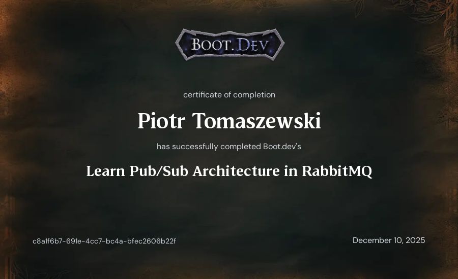 Piotr Tomaszewski's Boot.dev Learn Pub/Sub in RabbitMQ and Go certificate