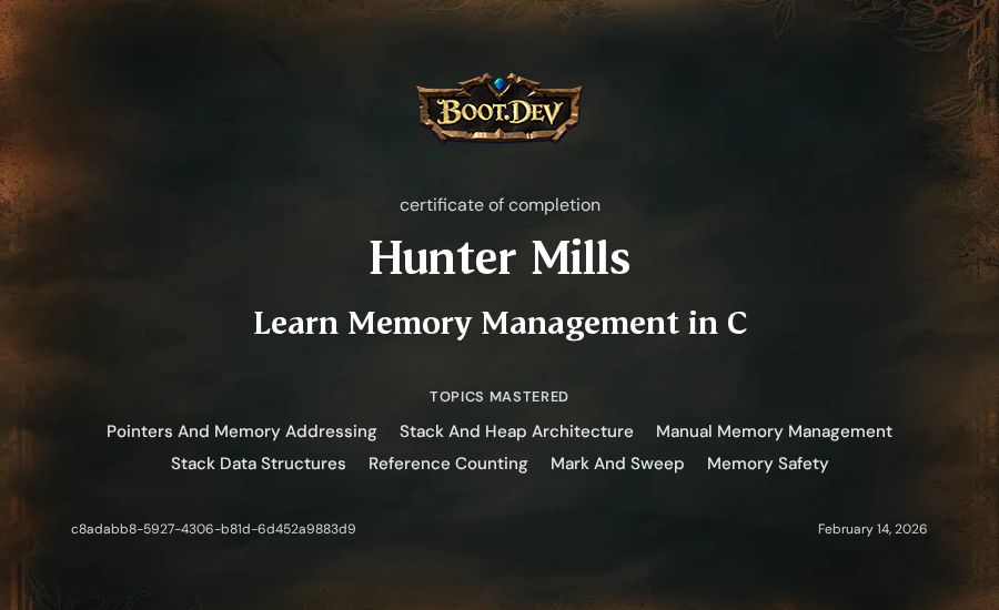 Hunter Mills's Boot.dev Learn Memory Management in C certificate