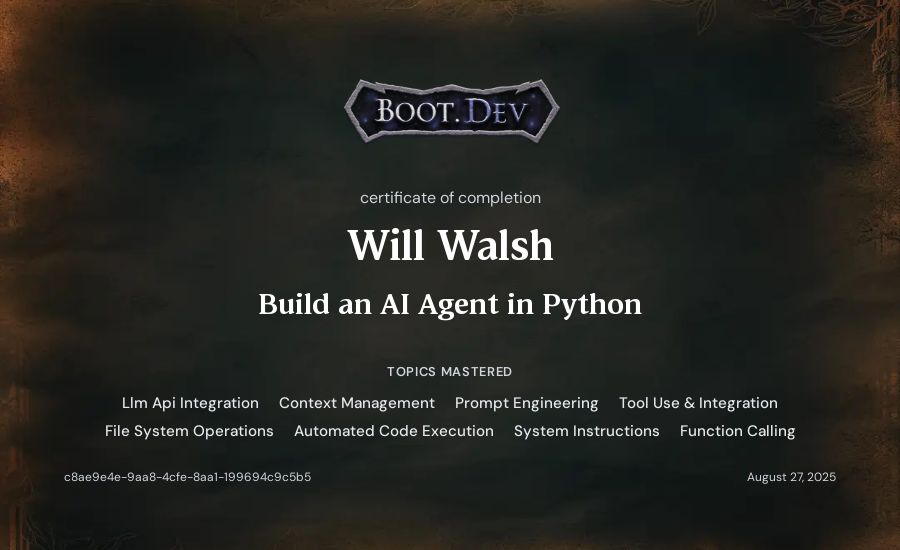 Will Walsh's Boot.dev Build an AI Agent in Python certificate