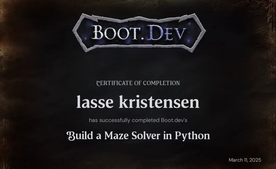 lasse kristensen's Boot.dev Build a Maze Solver in Python certificate