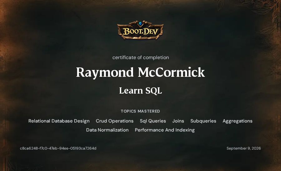 Raymond McCormick's Boot.dev Learn SQL certificate
