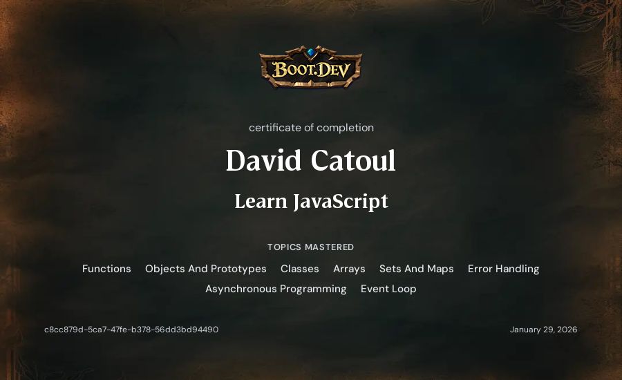 David Catoul's Boot.dev Learn JavaScript certificate