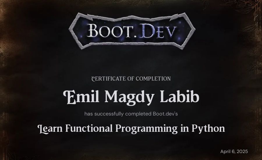 Emil Magdy Labib's Boot.dev Learn Functional Programming in Python certificate