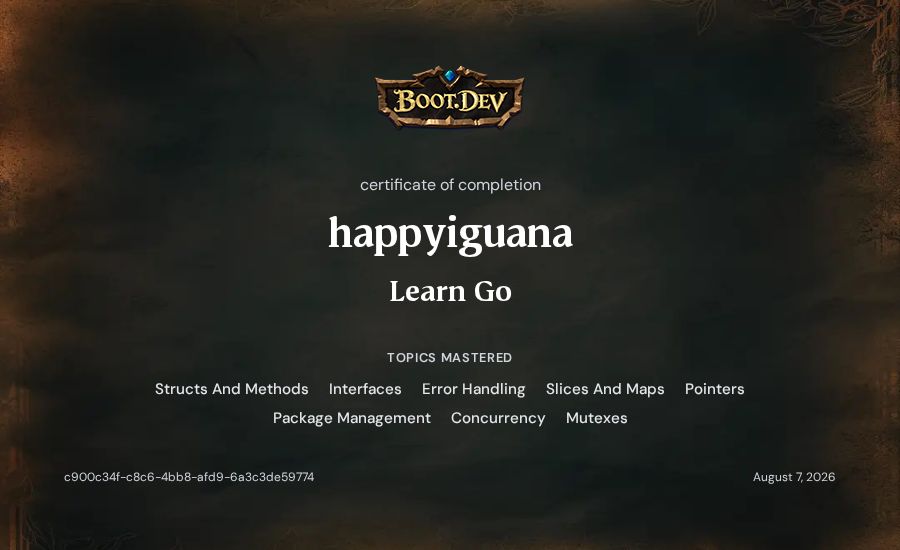 happyiguana's Boot.dev Learn Go certificate