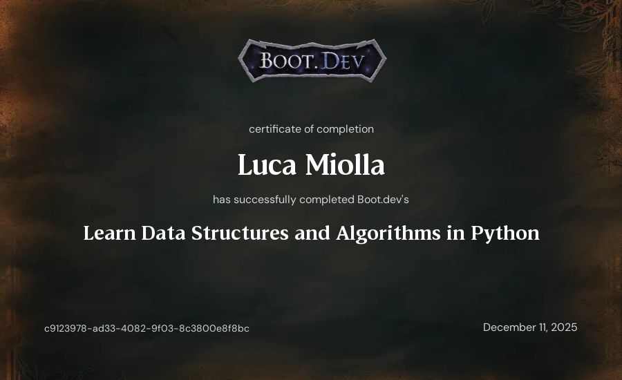 Luca Miolla's Boot.dev Learn Data Structures and Algorithms in Python certificate