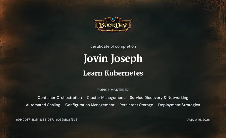 Jovin Joseph's Boot.dev Learn Kubernetes certificate