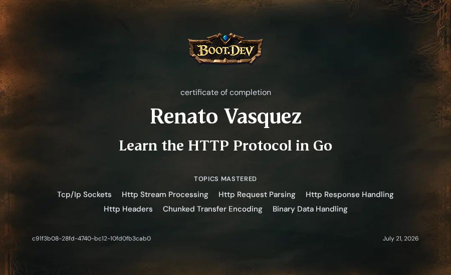 Renato Vasquez's Boot.dev Learn the HTTP Protocol in Go certificate