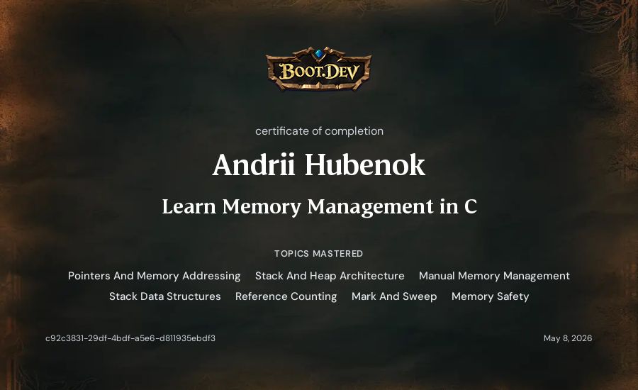 Andrii Hubenok's Boot.dev Learn Memory Management in C certificate