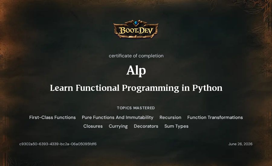 Alp's Boot.dev Learn Functional Programming in Python certificate
