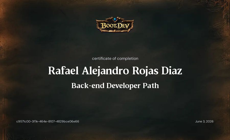 Rafael Alejandro Rojas Diaz's Boot.dev Back-end Developer Path certificate