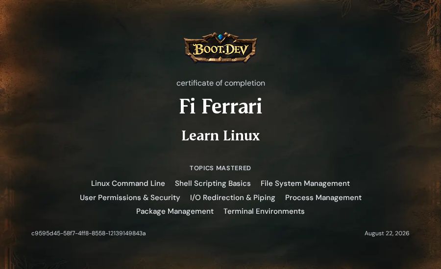Fi Ferrari's Boot.dev Learn Linux certificate