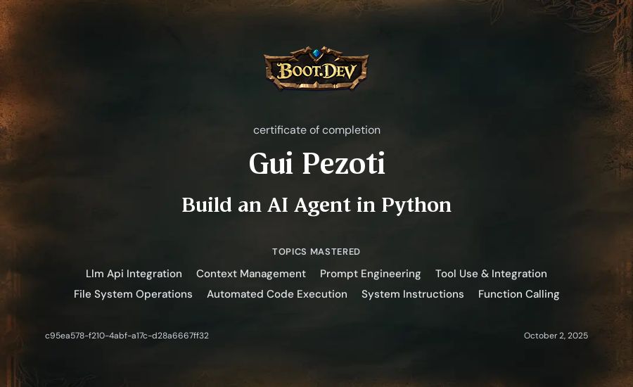 Gui Pezoti's Boot.dev Build an AI Agent in Python certificate