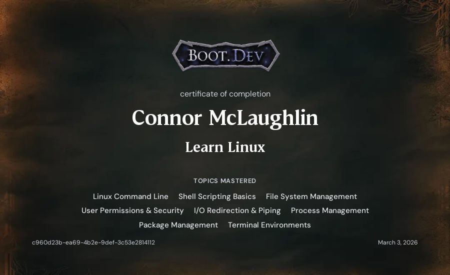Connor McLaughlin's Boot.dev Learn Linux certificate