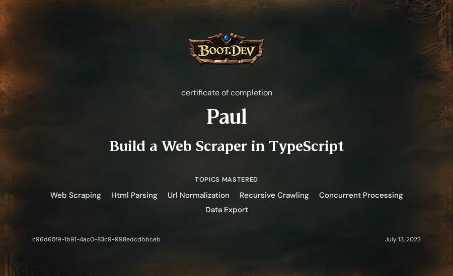 Paul's Boot.dev Build a Web Scraper in TypeScript certificate
