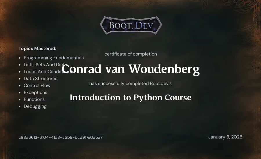 Conrad van Woudenberg's Boot.dev Introduction to Python Course certificate