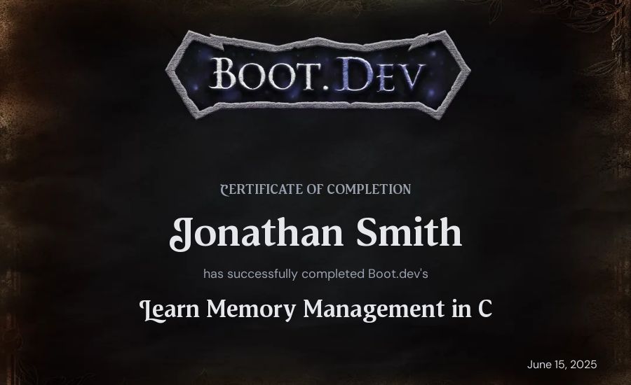 Jonathan Smith's Boot.dev Learn Memory Management in C certificate