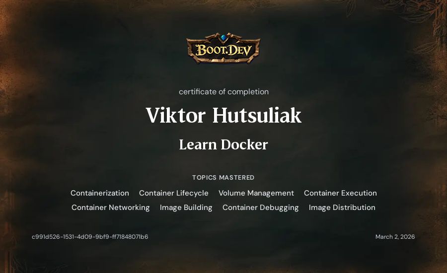 Viktor Hutsuliak's Boot.dev Learn Docker certificate