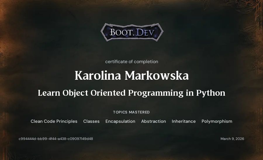 Karolina Markowska's Boot.dev Learn Object Oriented Programming in Python certificate