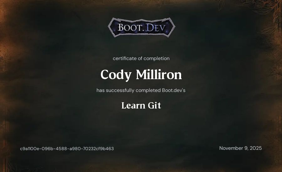 Cody Milliron's Boot.dev Learn Git certificate