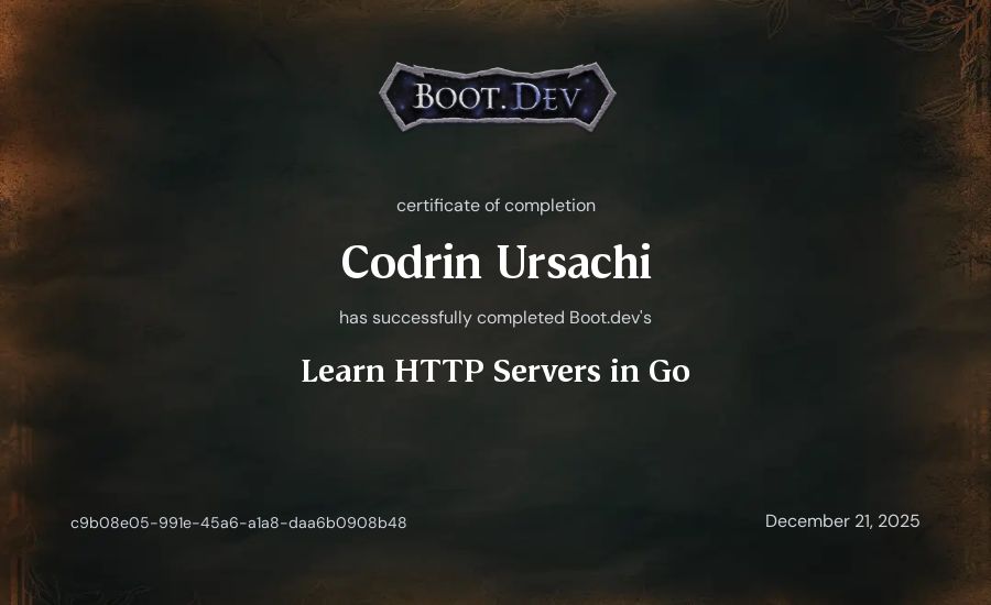Codrin Ursachi's Boot.dev Learn HTTP Servers in Go certificate